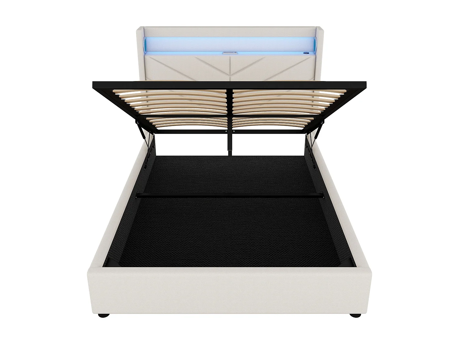 Cama contenedor 140x190cm - tela de lino - con LED y toma USB - Beige