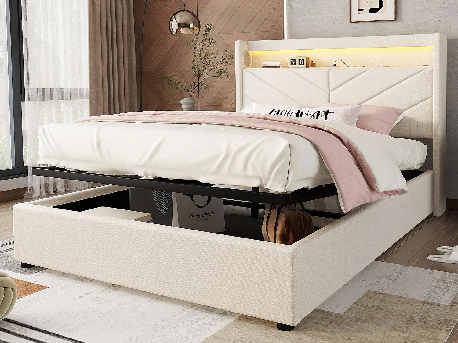 Opbergbed 140x190cm - linnen stof - met LED en USB-aansluiting - Beige