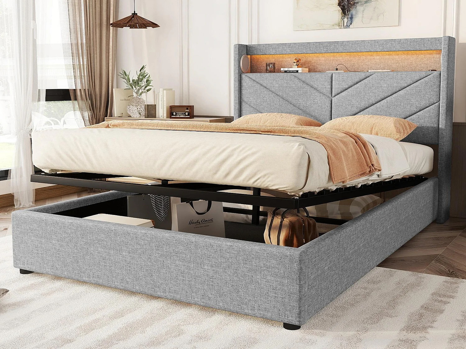 Lit coffre 140x190cm - tissu en lin - avec LED et prise USB - Gris