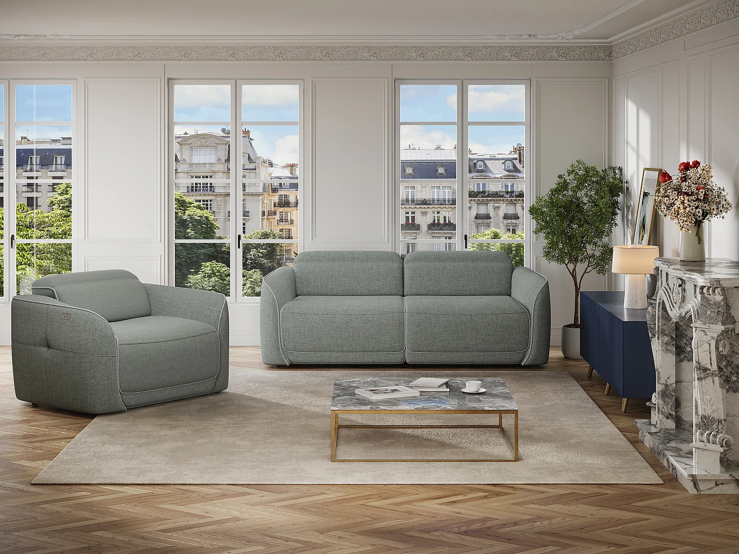 Canapé 3 places et fauteuil relax électrique en tissu chiné gris OZARTO