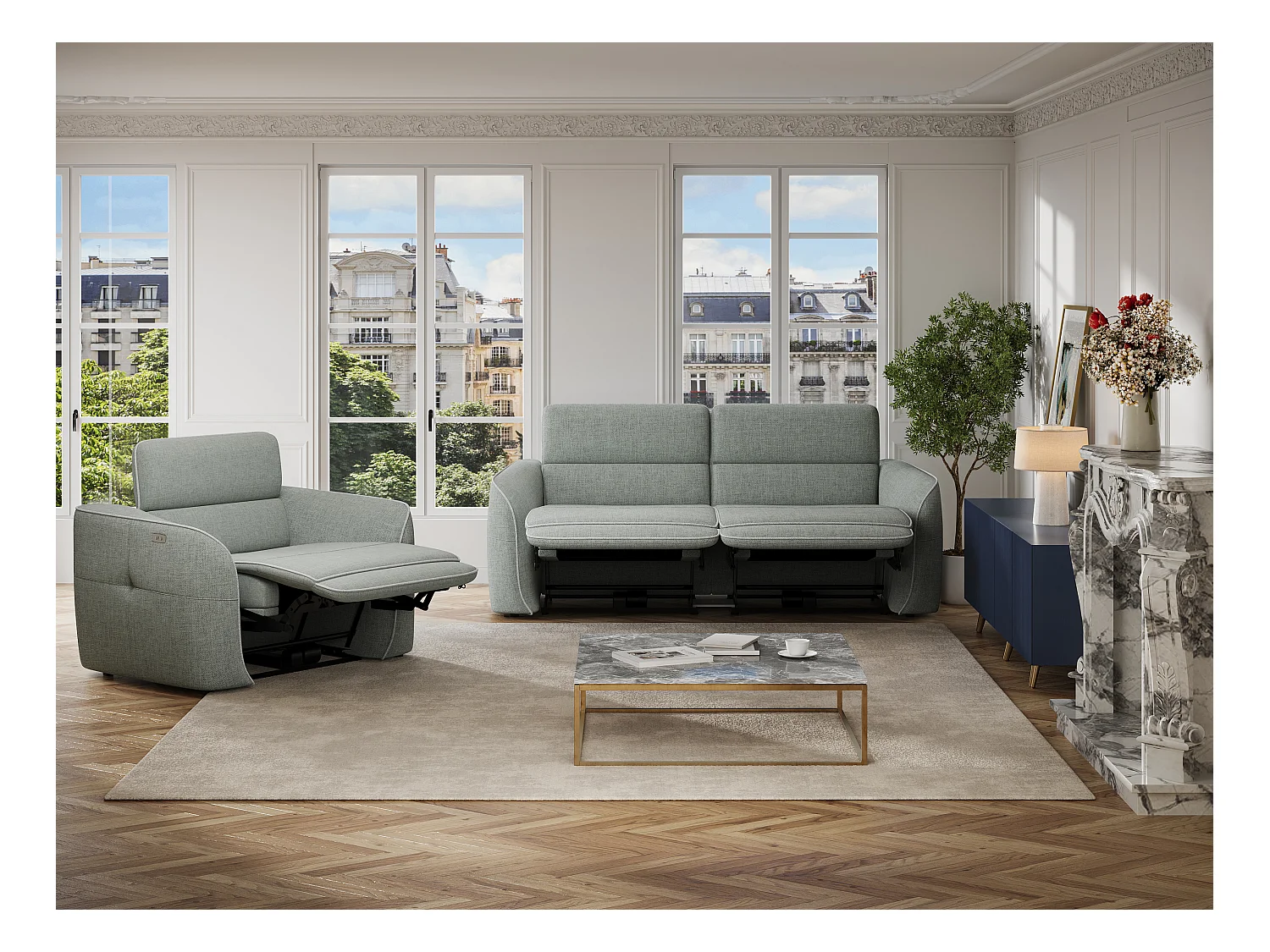 Relaxsofa 3-Sitzer + Relaxsessel elektrisch - melierter Stoff - Grau - OZARTO