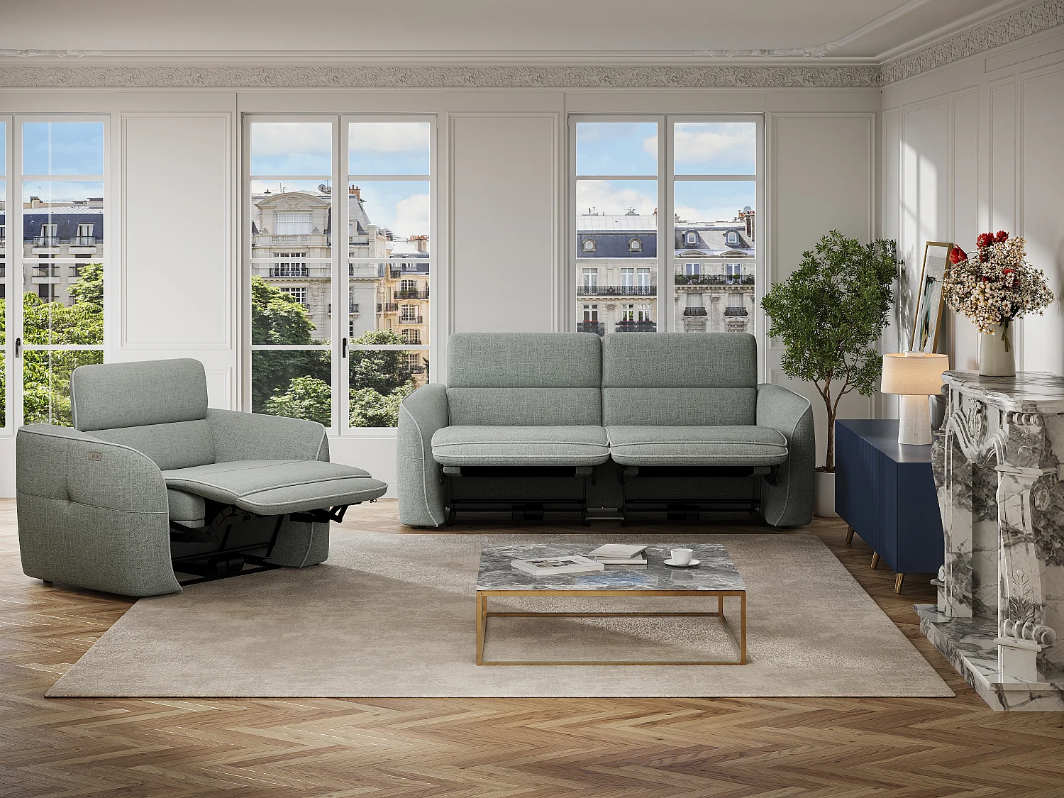 Canapé 3 places et fauteuil relax électrique en tissu chiné gris OZARTO