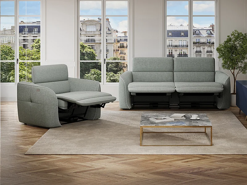 Sofá de 3 plazas y sillón reclinable eléctrico de tela gris jaspeado OZARTO