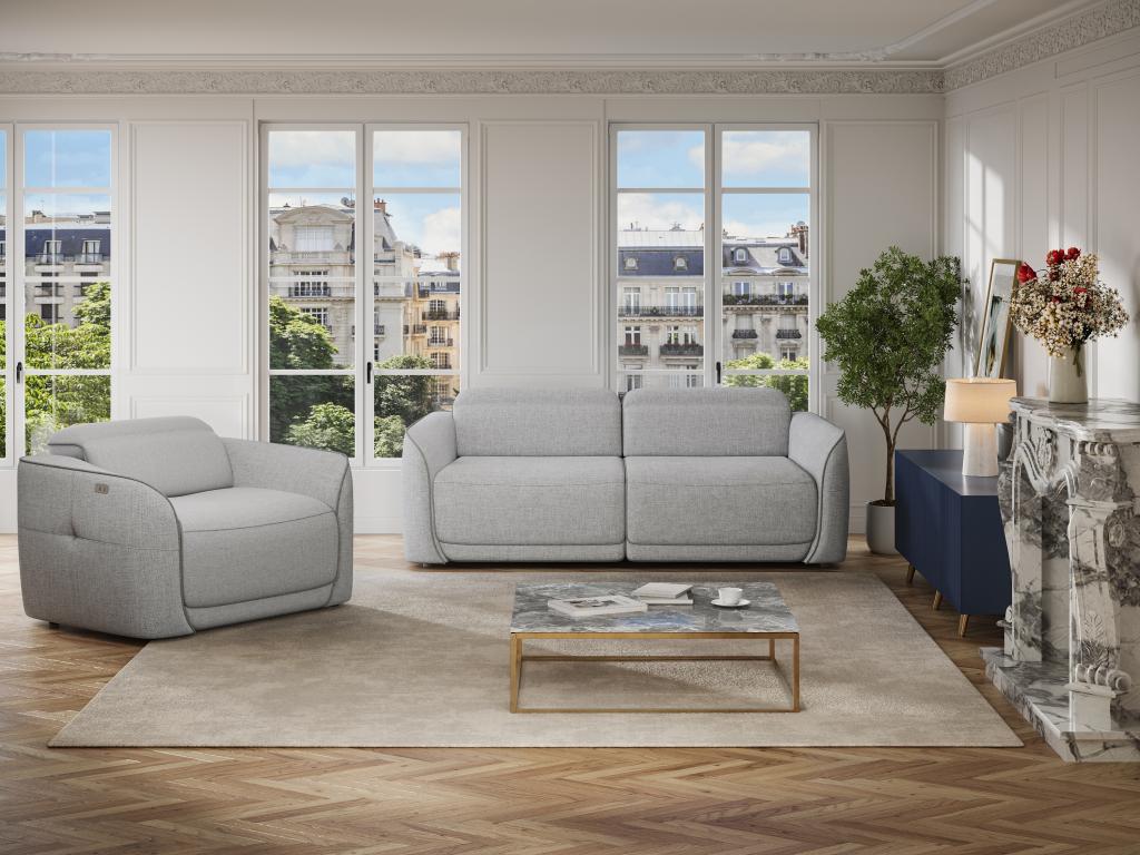 Relaxsofa 3-Sitzer + Relaxsessel elektrisch - melierter Stoff - Hellgrau - günstig online kaufen