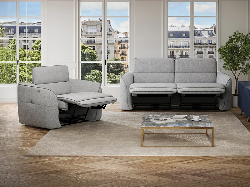 Kanapa 3-osobowa i fotel z elektryczną funkcją relax i jasnoszarą melanżową tapicerką - OZARTO