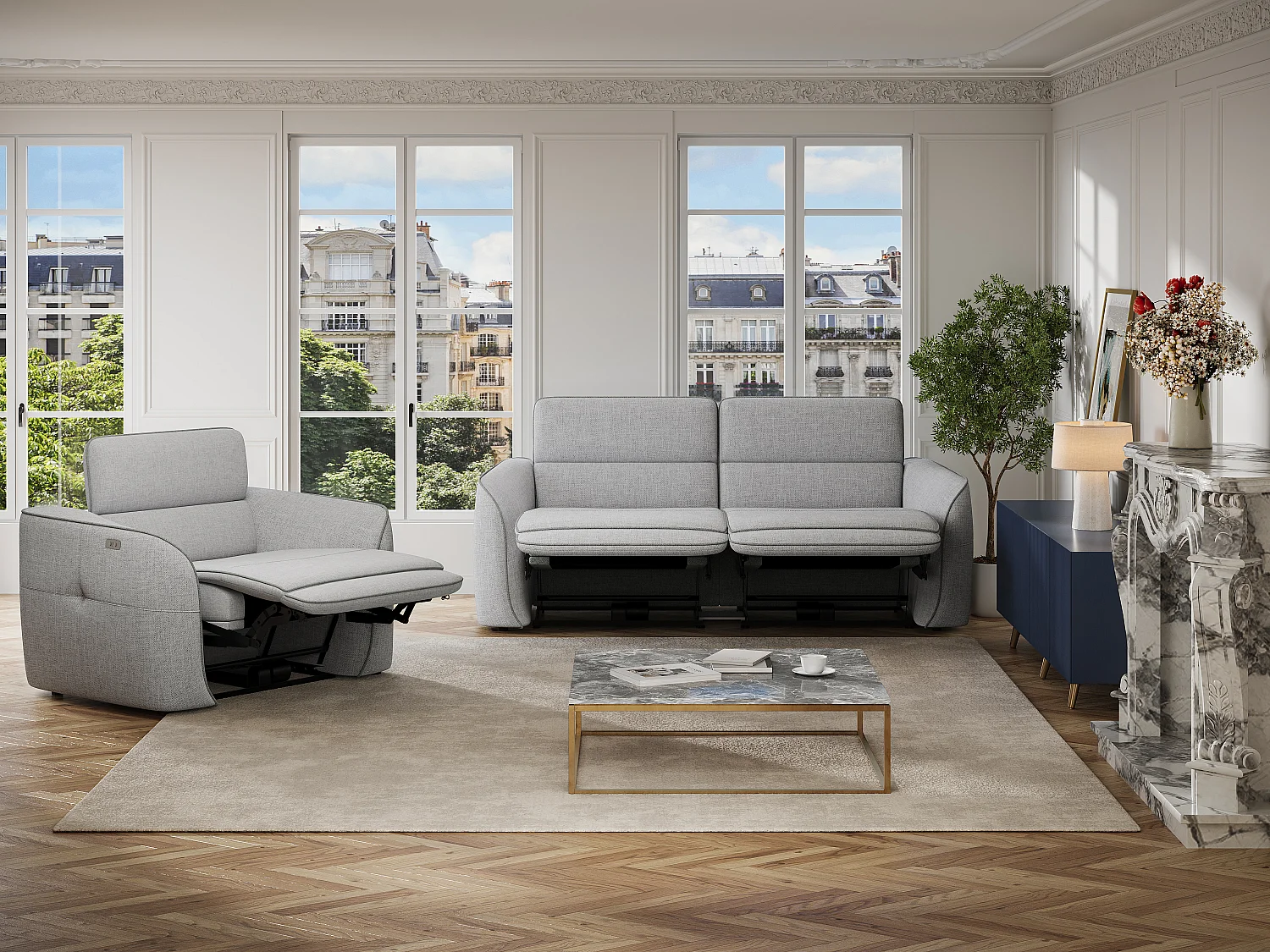 Relaxsofa 3-Sitzer + Relaxsessel elektrisch - melierter Stoff - Hellgrau - OZARTO