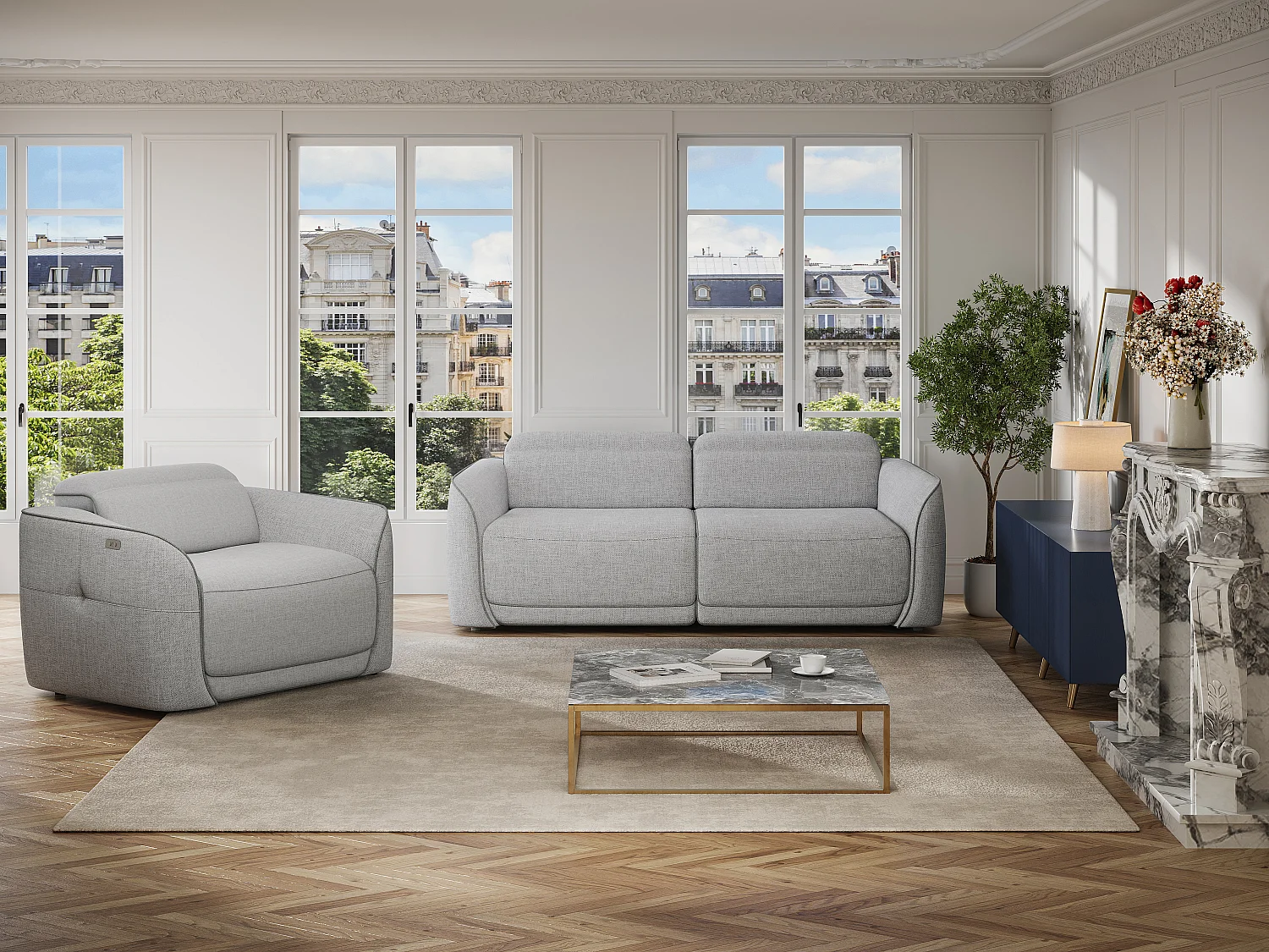 Canapé 3 places et fauteuil relax électrique en tissu chiné gris clair OZARTO