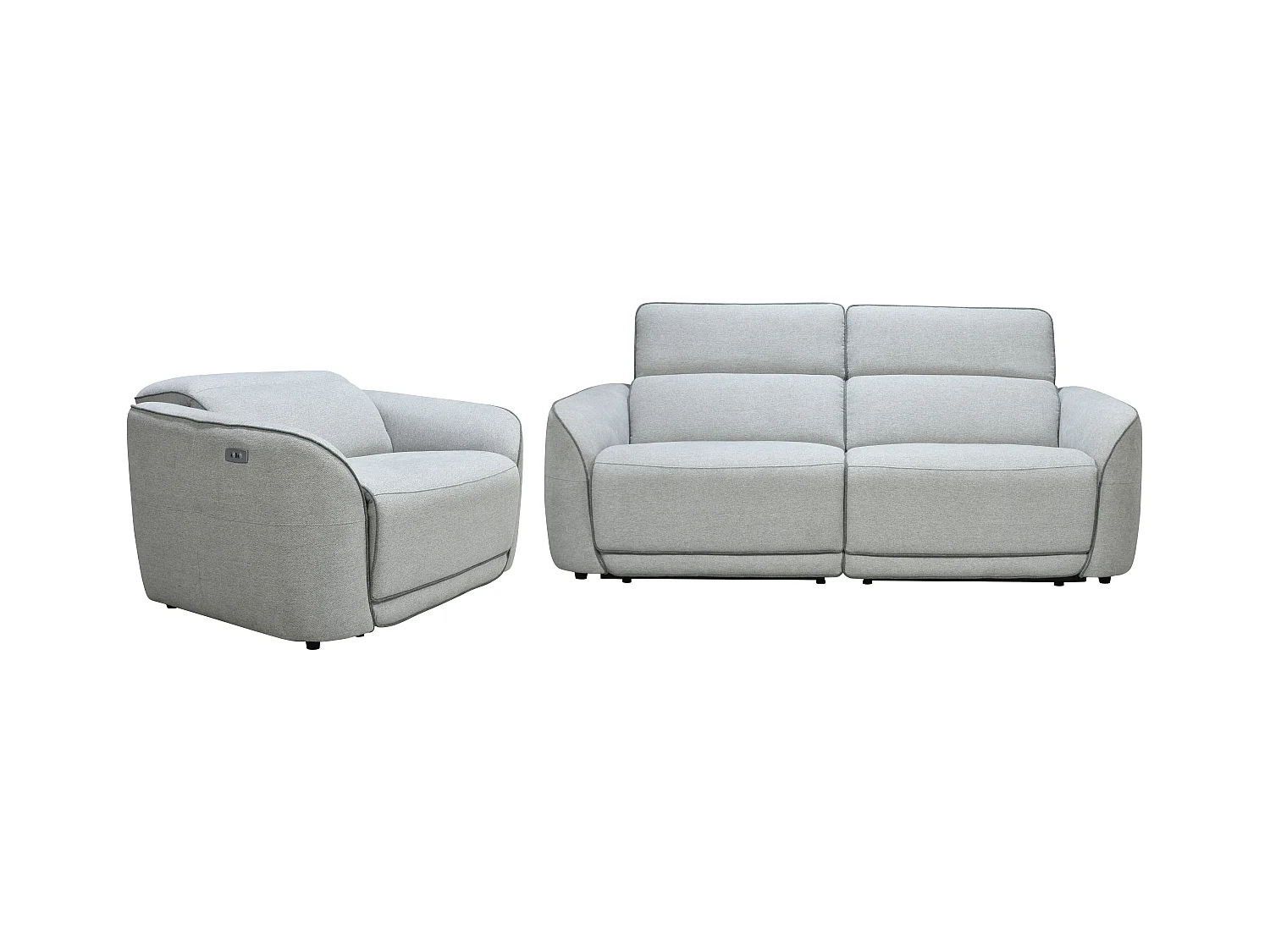 Elektrische driezits-relaxbank en -fauteuil van lichtgrijze gechineerde stof OZARTO