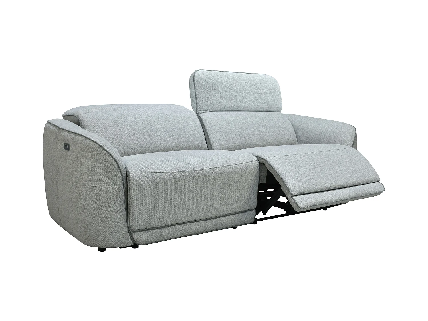 Elektrische driezits-relaxbank en -fauteuil van lichtgrijze gechineerde stof OZARTO
