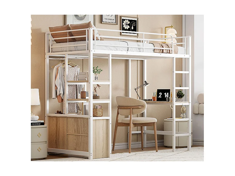 Cama altillo de metal 90x200 cm - con escritorio + tomas USB + barreras - Blanco