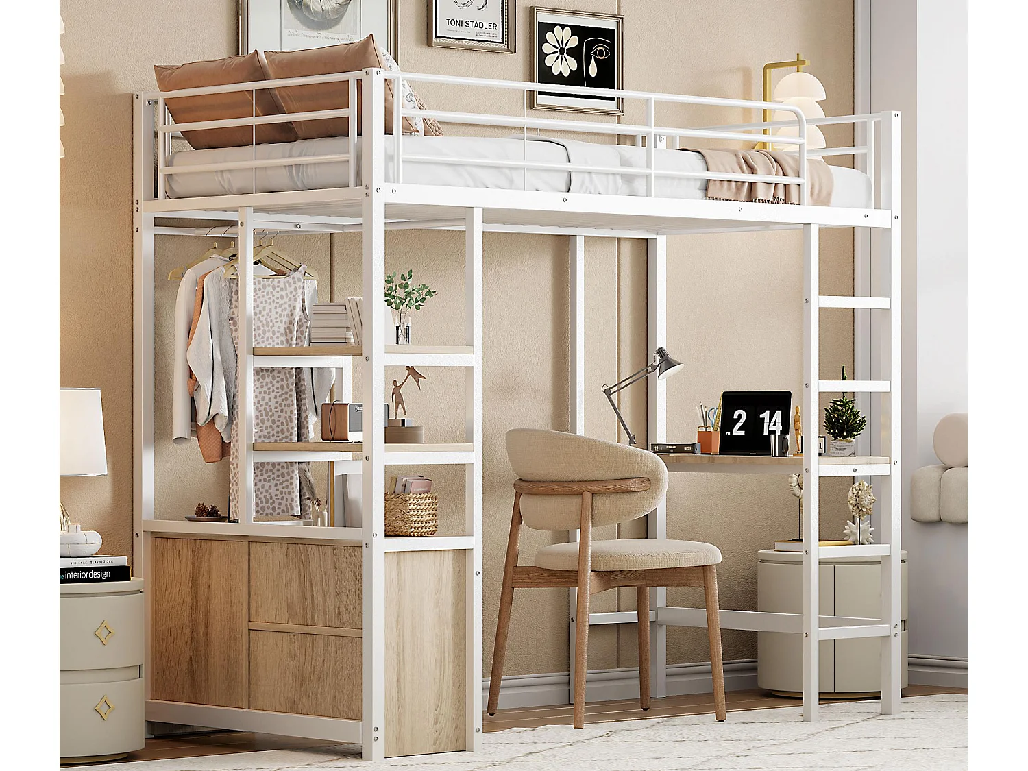 Cama mezanino metálica 90x200cm - com mesa + tomadas USB + barreiras - Branco