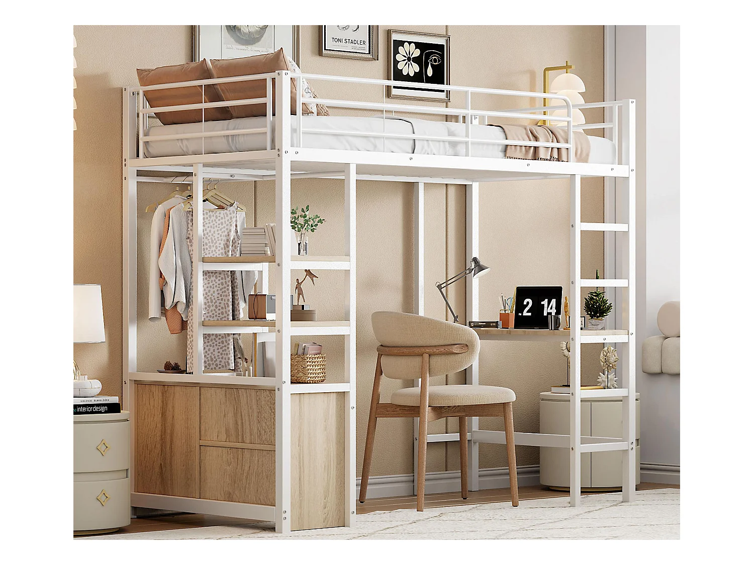 Łóżko mezzanine 90x200cm z metalu - z biurkiem + gniazdami USB + barierkami - Białe