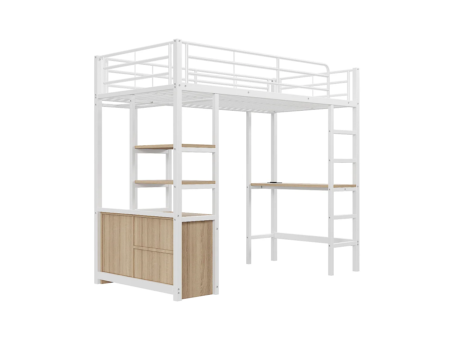 Cama altillo de metal 90x200 cm - con escritorio + tomas USB + barreras - Blanco