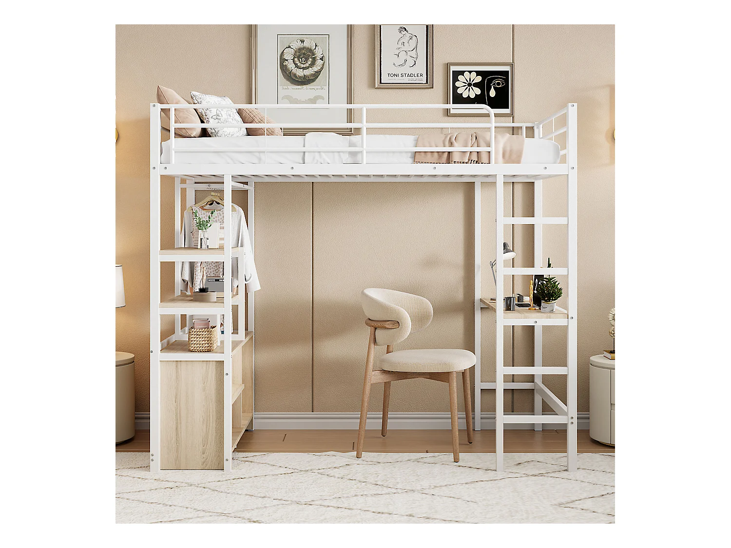 Cama altillo de metal 90x200 cm - con escritorio + tomas USB + barreras - Blanco