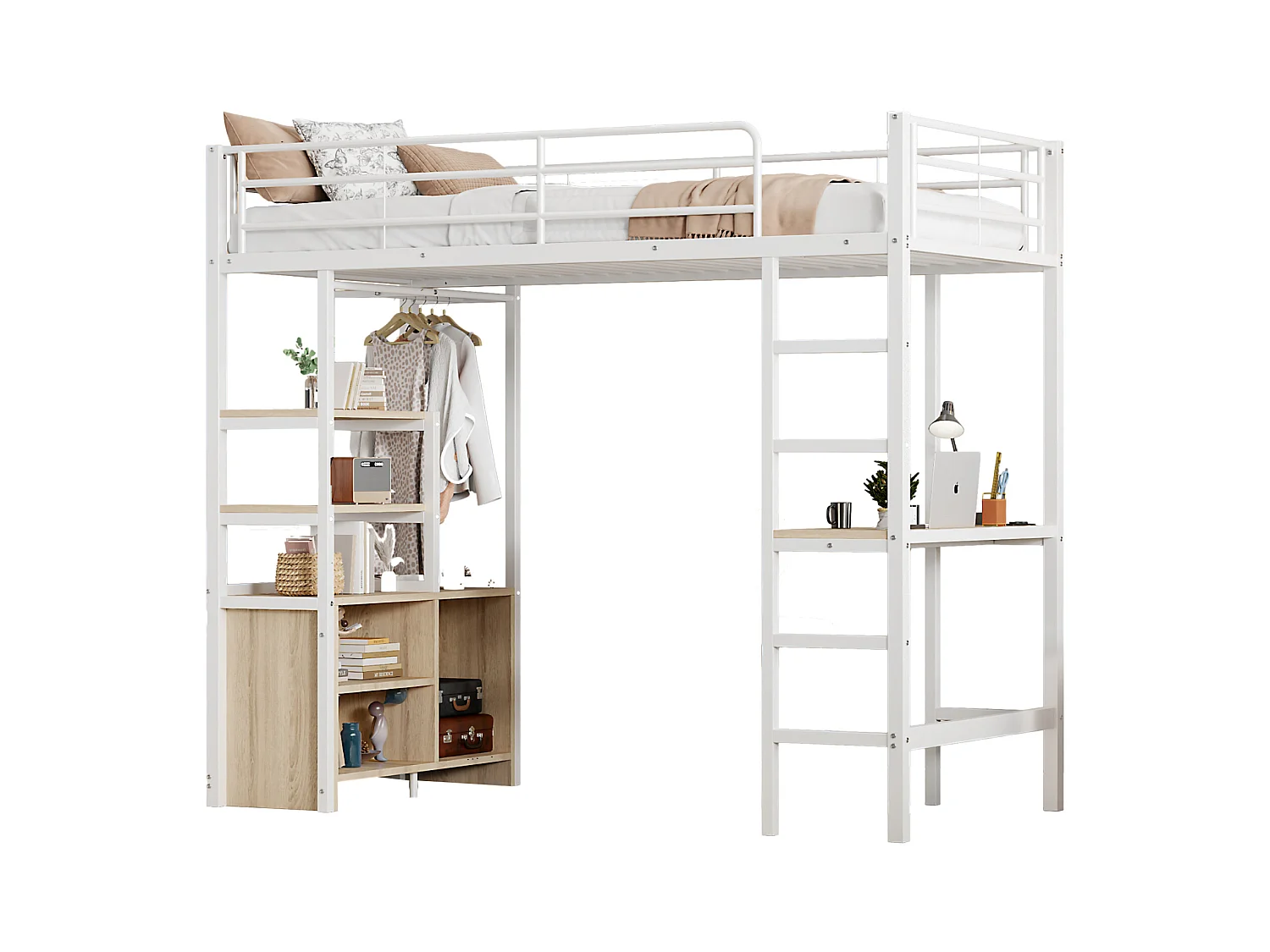 Cama altillo de metal 90x200 cm - con escritorio + tomas USB + barreras - Blanco