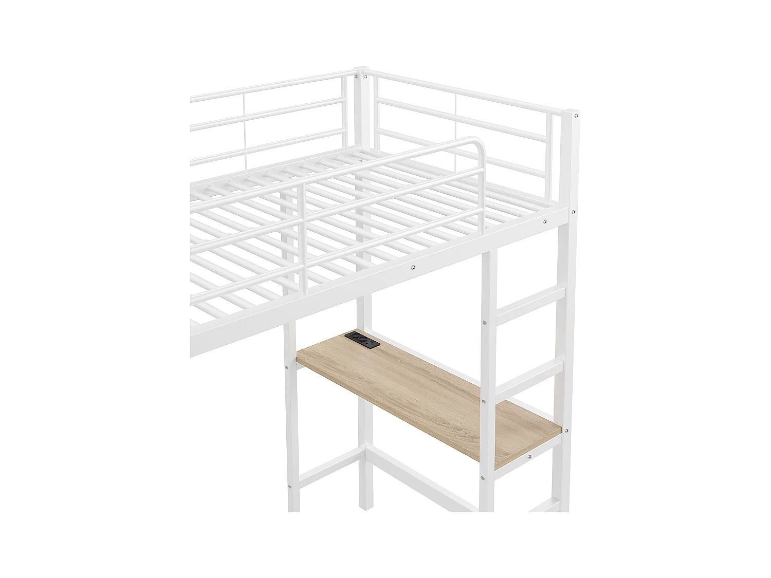 Cama altillo de metal 90x200 cm - con escritorio + tomas USB + barreras - Blanco