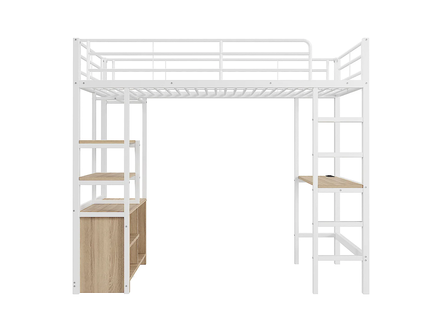 Cama altillo de metal 90x200 cm - con escritorio + tomas USB + barreras - Blanco