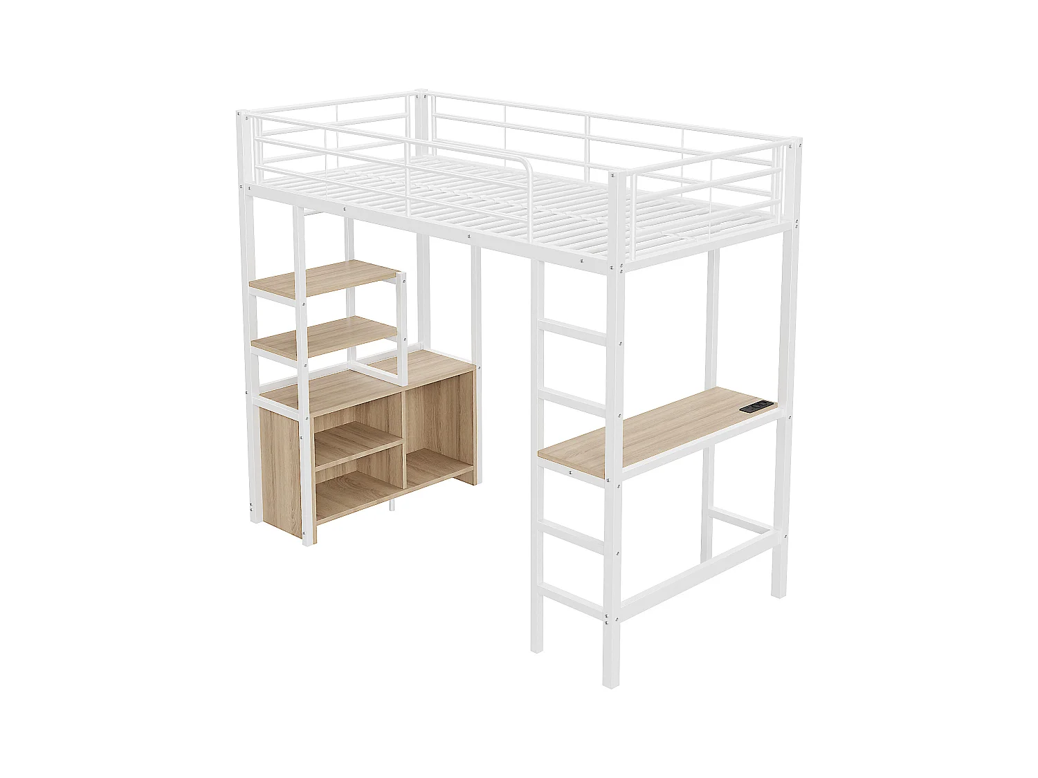 Cama altillo de metal 90x200 cm - con escritorio + tomas USB + barreras - Blanco