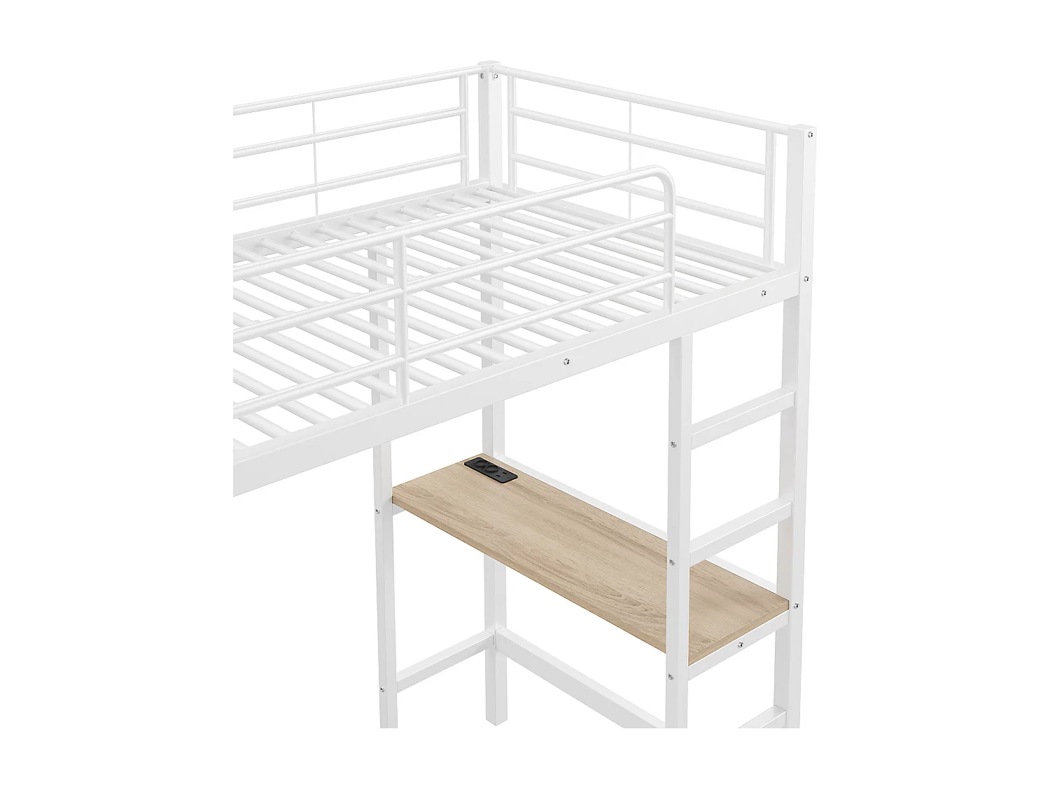 90 x 200 cm großes Hochbett aus Metall – mit Schreibtisch + USB-Anschlüssen + Barrieren – Weiß