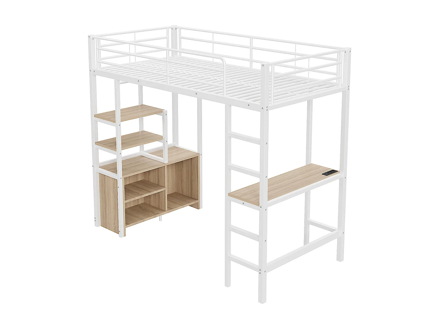 90 x 200 cm großes Hochbett aus Metall – mit Schreibtisch + USB-Anschlüssen + Barrieren – Weiß