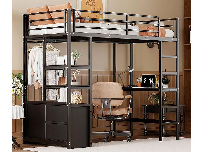 Cama mezanino metálica 90x200cm - com mesa + tomadas USB + barreiras - Preto