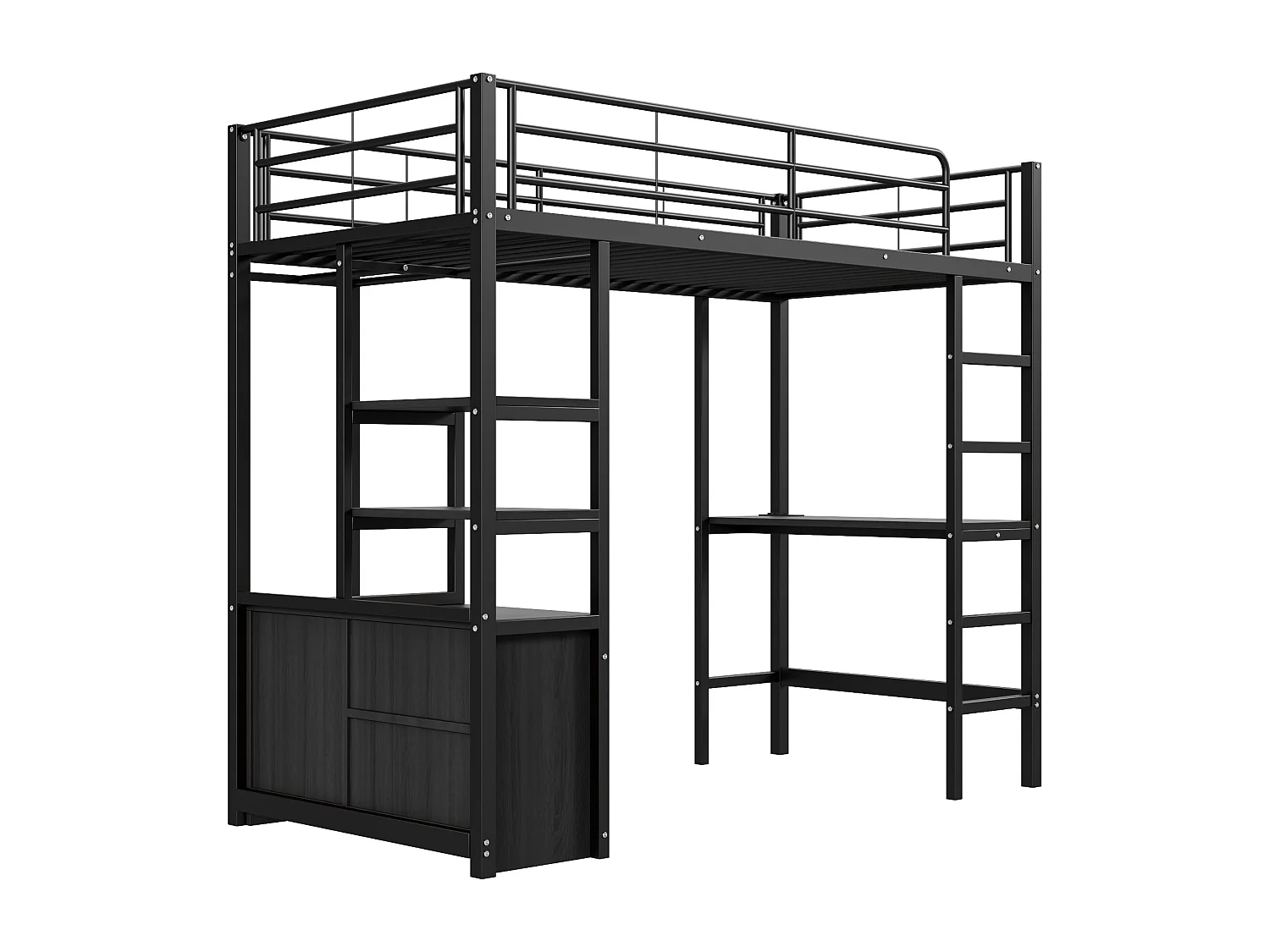 Letto soppalco in metallo 90x200 cm - con scrivania + prese USB + barriere - Nero