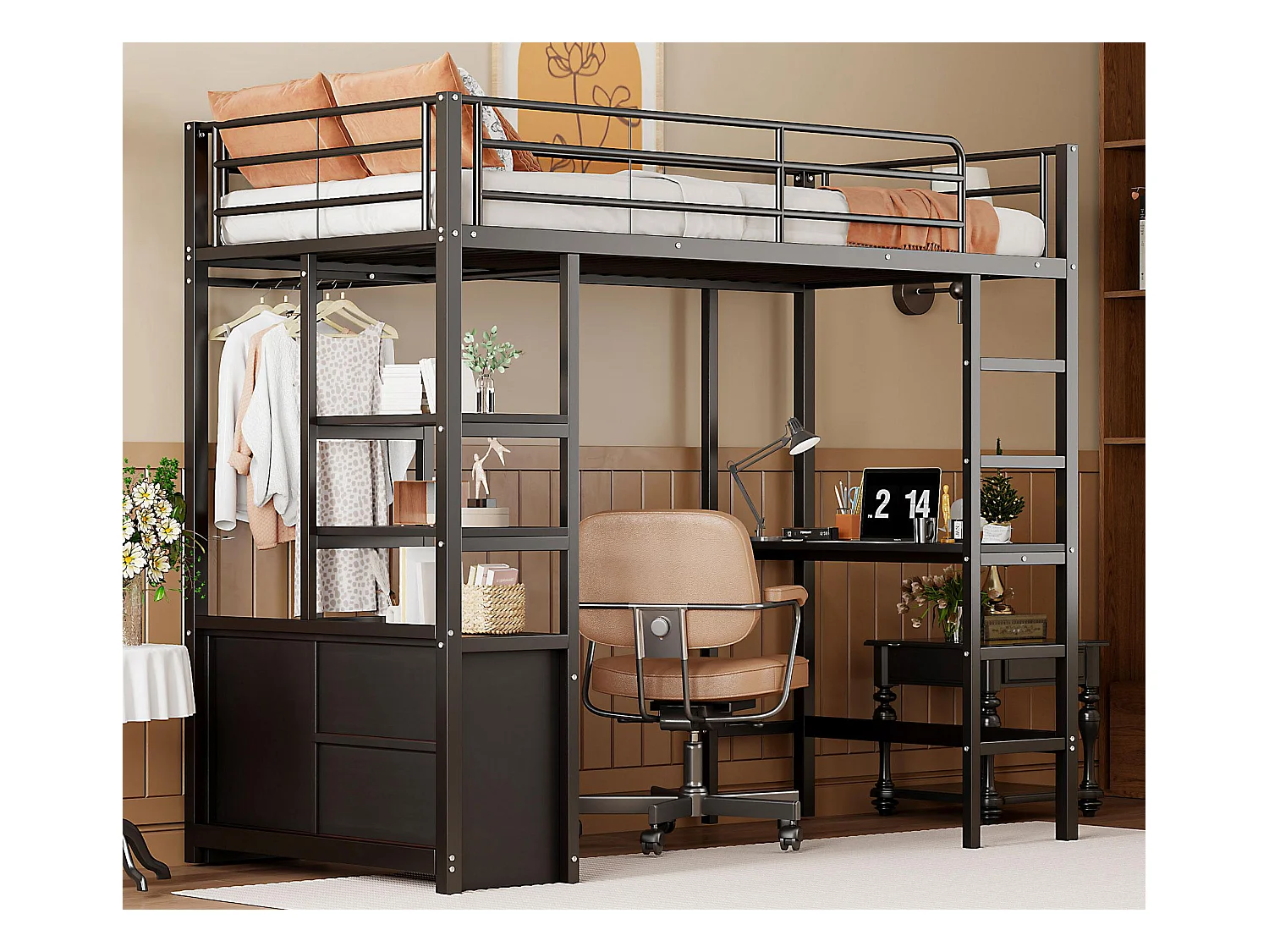 Lit mezzanine 90x200cm en métal - avec bureau + prises USB + barrières - Noir