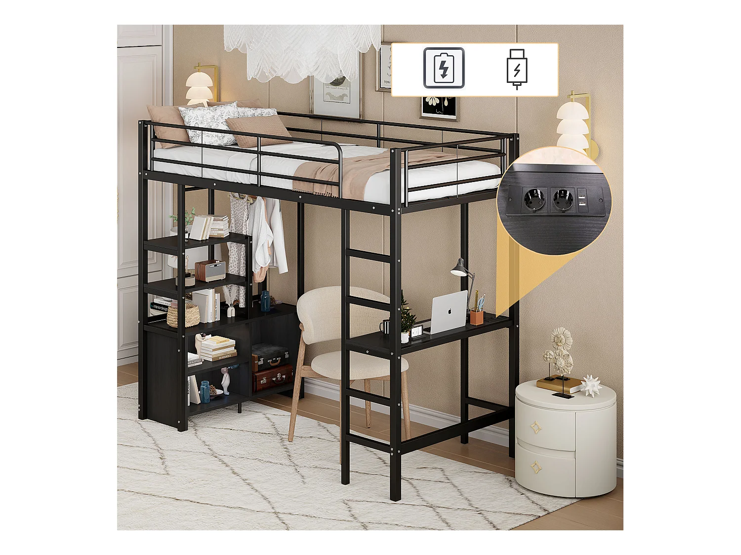 Cama altillo de metal 90x200 cm - con escritorio + tomas USB + barreras - Negro