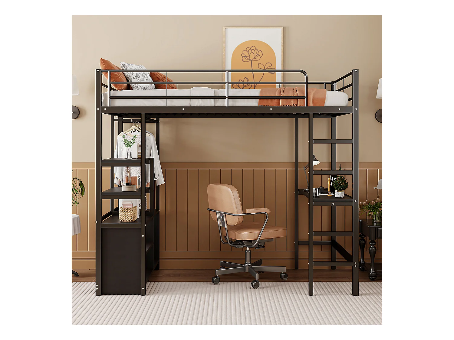 Cama altillo de metal 90x200 cm - con escritorio + tomas USB + barreras - Negro