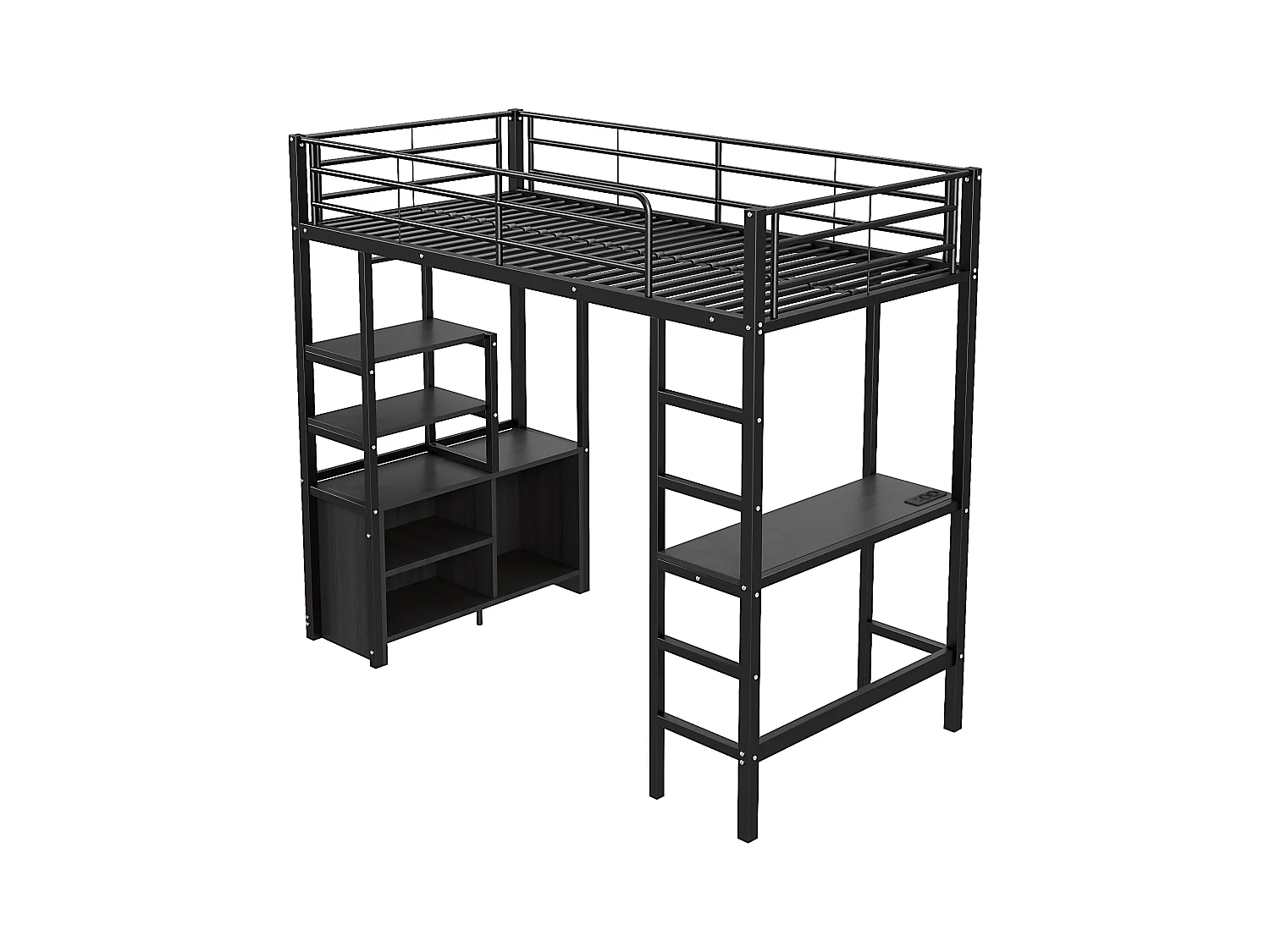 Cama altillo de metal 90x200 cm - con escritorio + tomas USB + barreras - Negro