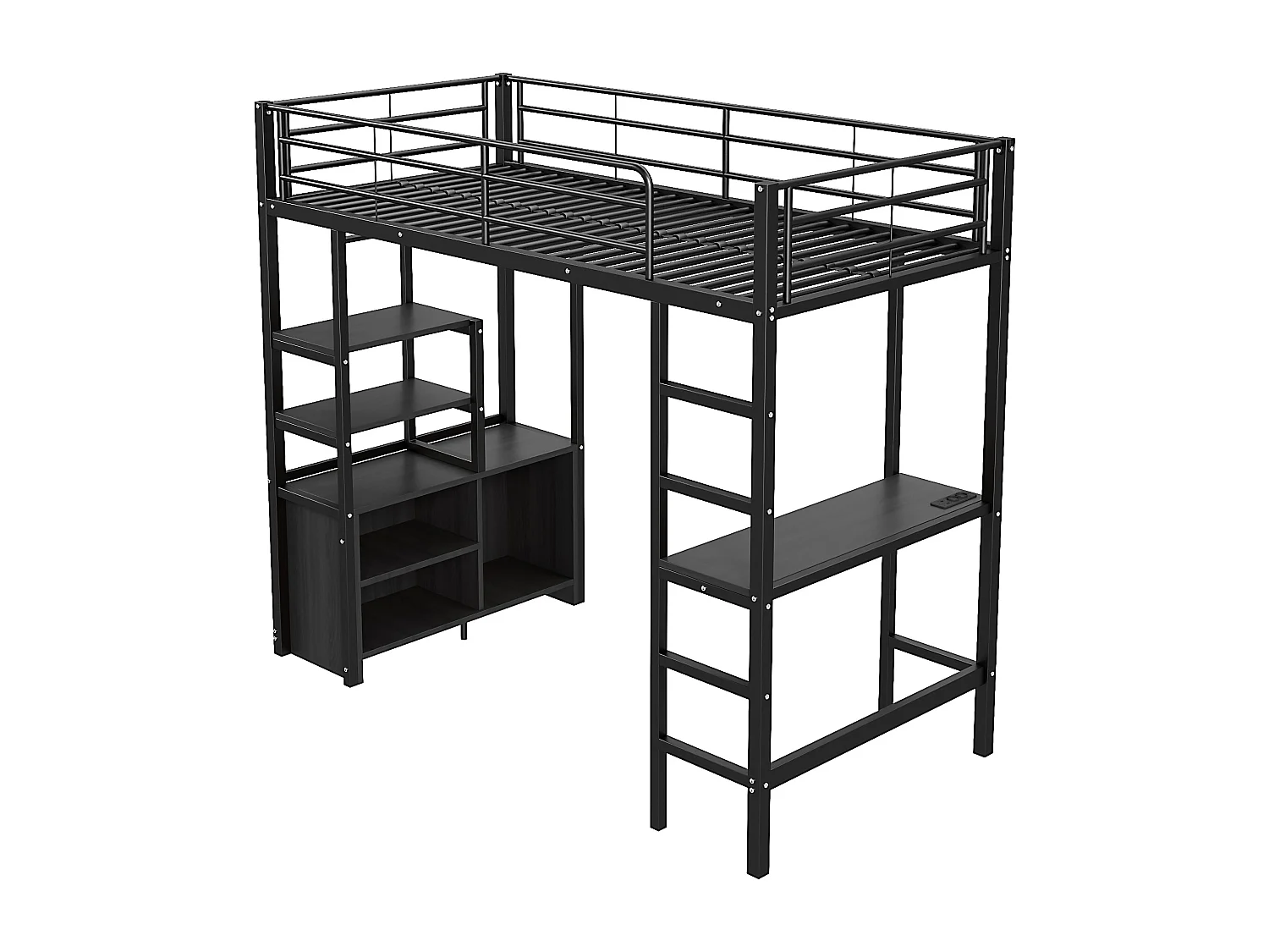 Lit mezzanine 90x200cm en métal - avec bureau + prises USB + barrières - Noir