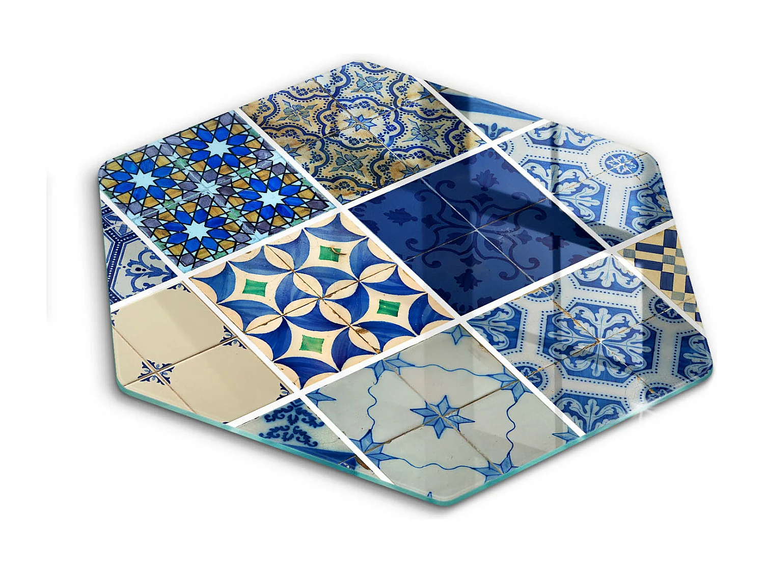 Sechseckiges Küchenbrett aus Glas, 40 cm, dekorative Fliesen