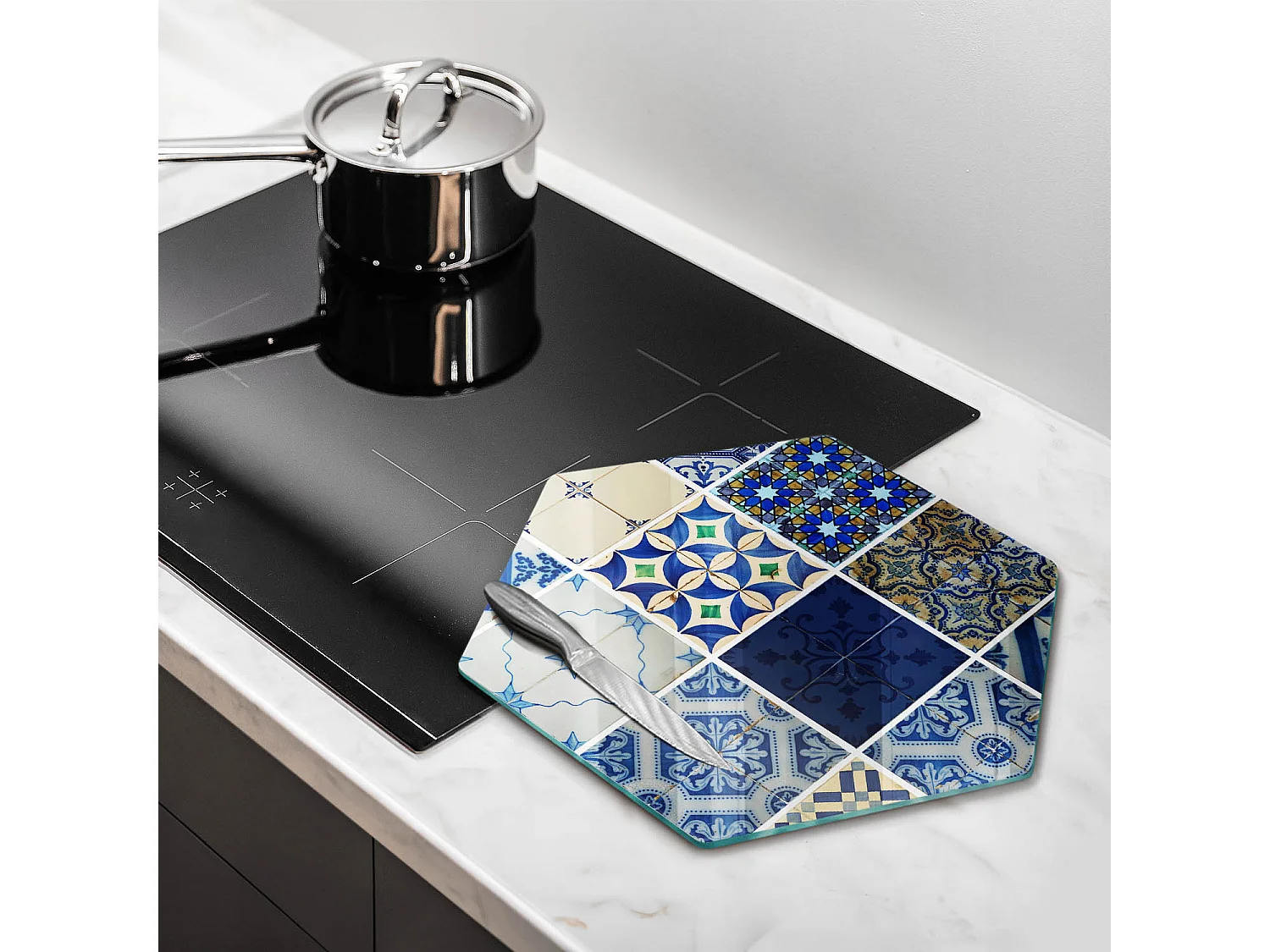 Sechseckiges Küchenbrett aus Glas, 40 cm, dekorative Fliesen