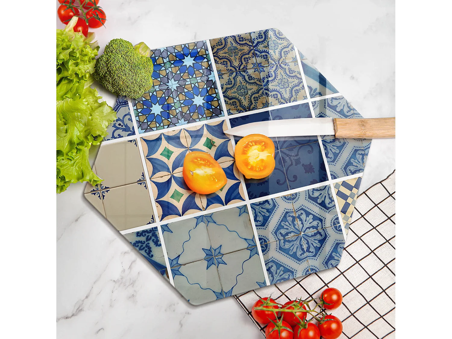 Sechseckiges Küchenbrett aus Glas, 40 cm, dekorative Fliesen