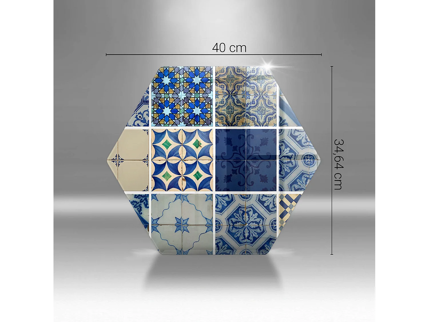 Sechseckiges Küchenbrett aus Glas, 40 cm, dekorative Fliesen