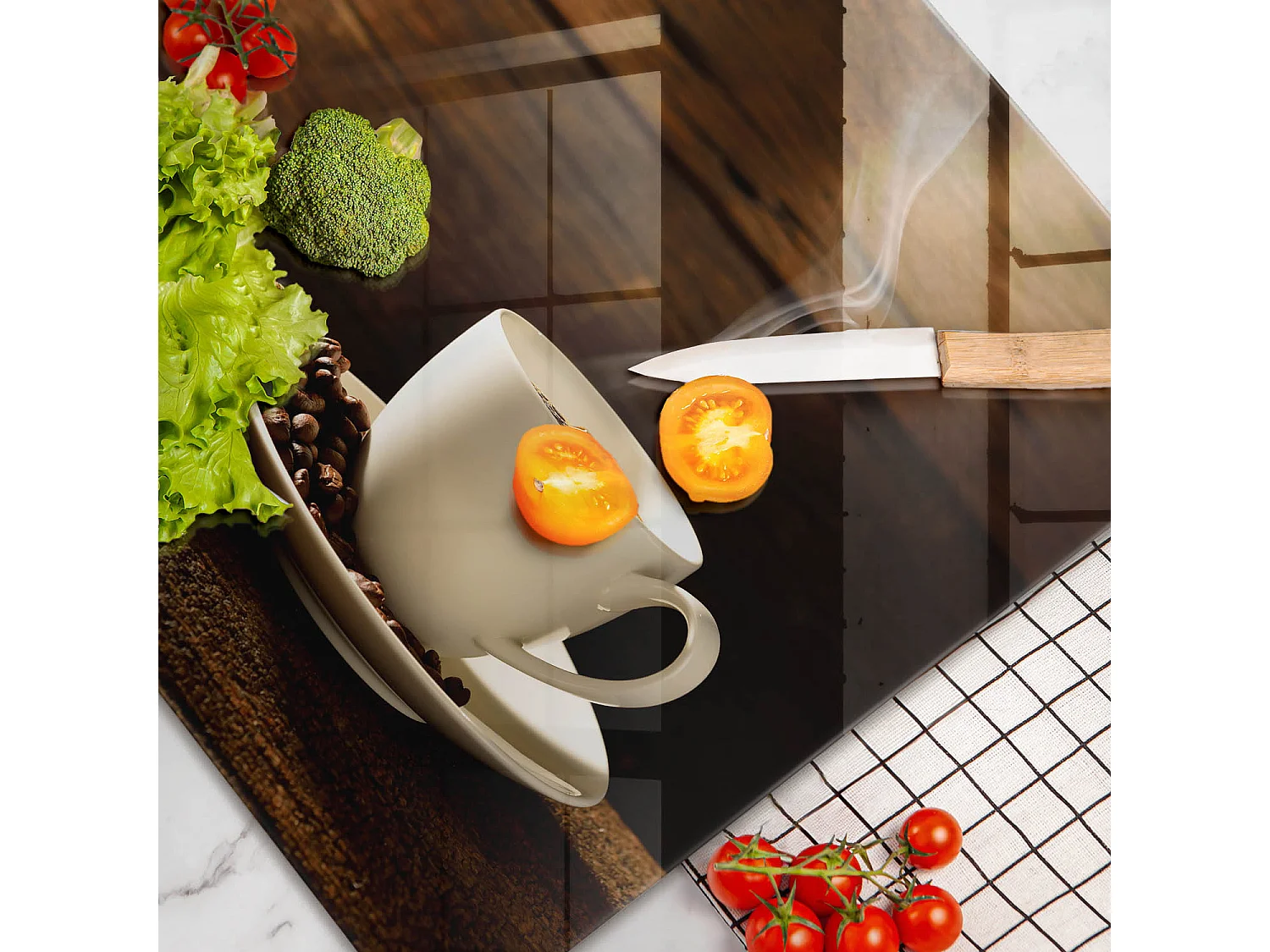 Rechthoekig glazen keukenbord, 80x52 cm Houten koffiekopje