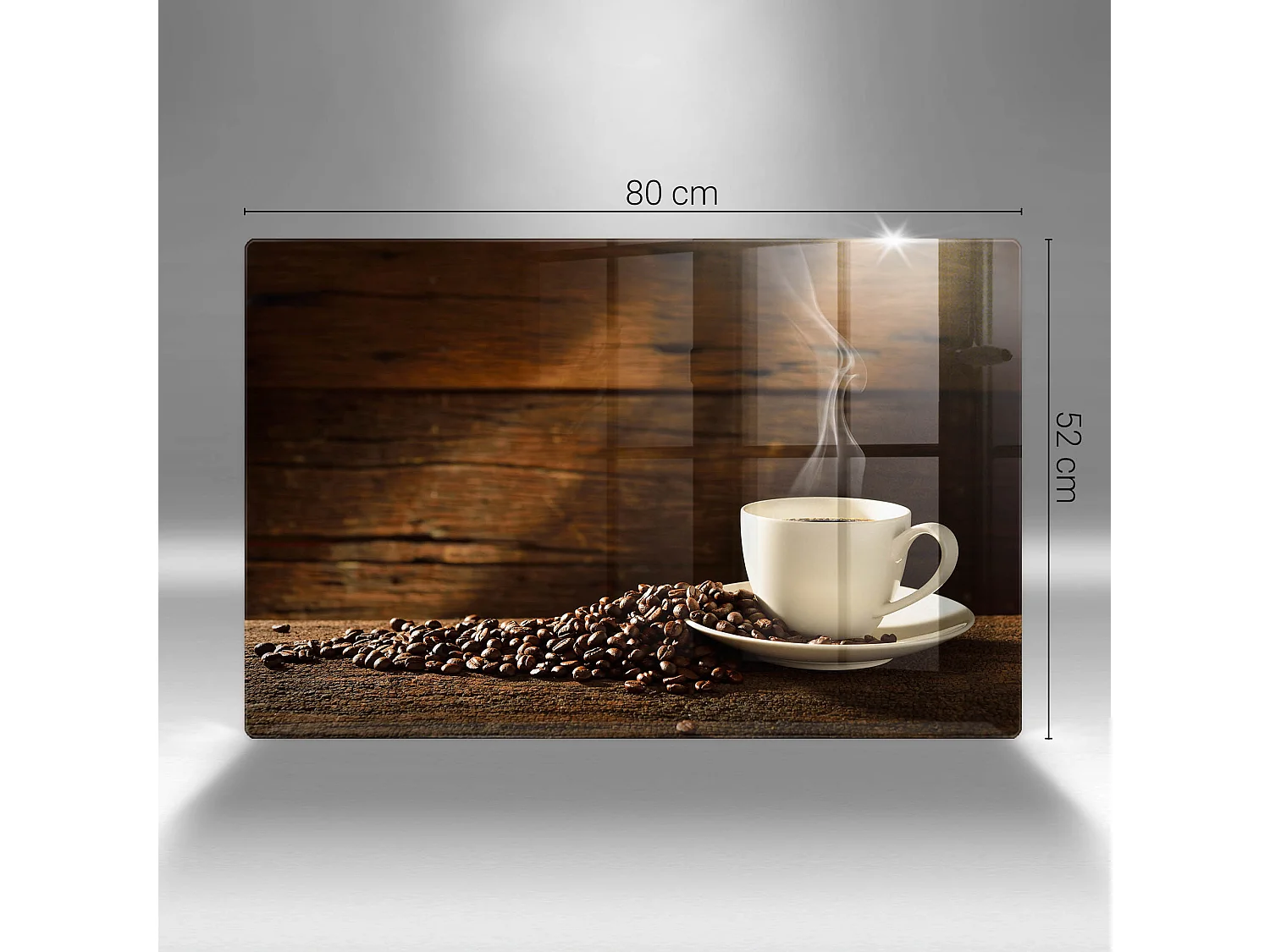 Rechteckiges Küchenbrett aus Glas, 80 x 52 cm. Kaffeetasse aus Holz