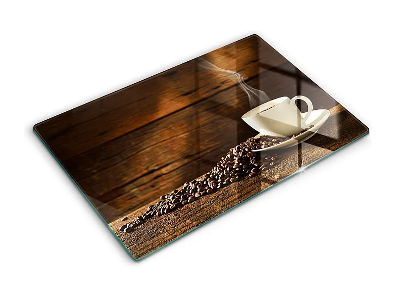 Rechteckiges Küchenbrett aus Glas, 80 x 52 cm. Kaffeetasse aus Holz