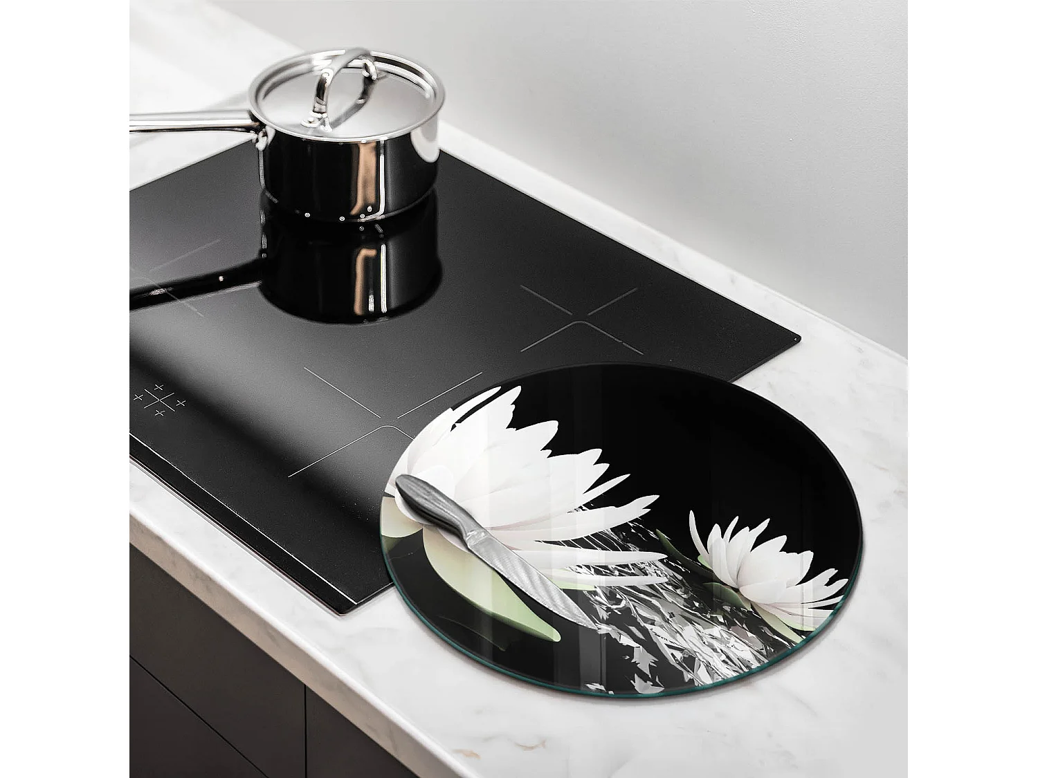 Planche de cuisine ronde en verre, 40 cm Lys blancs sur l'eau