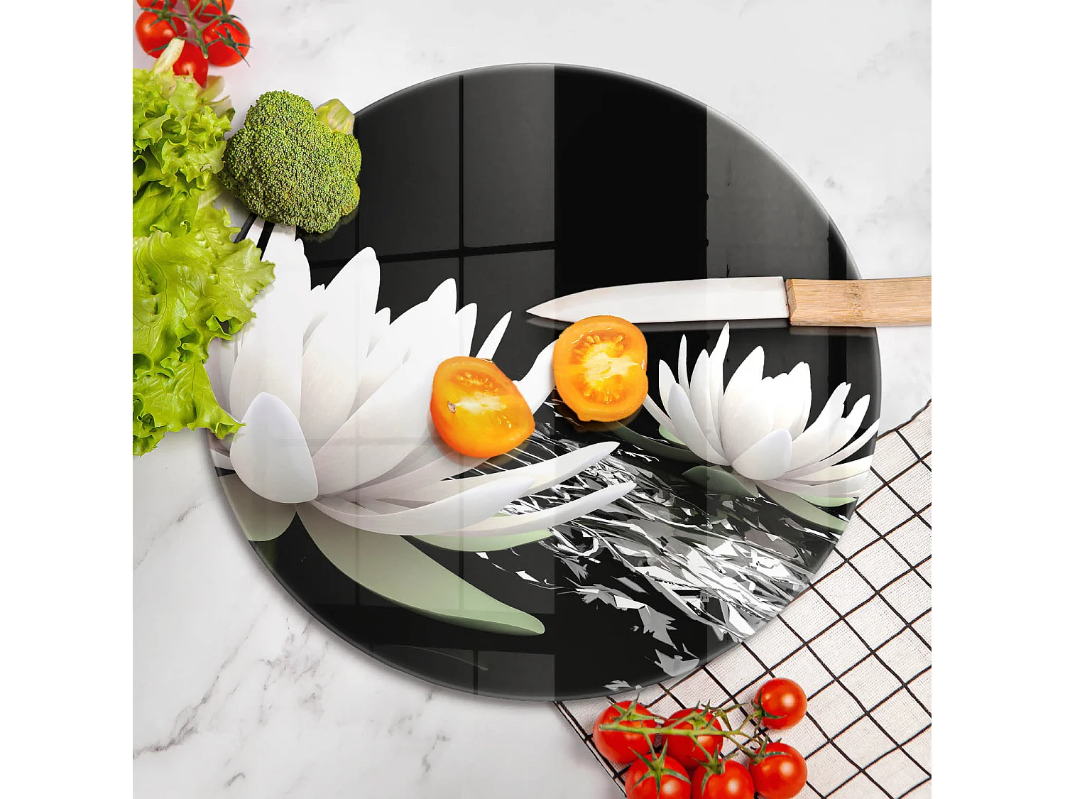 Planche de cuisine ronde en verre, 40 cm Lys blancs sur l'eau