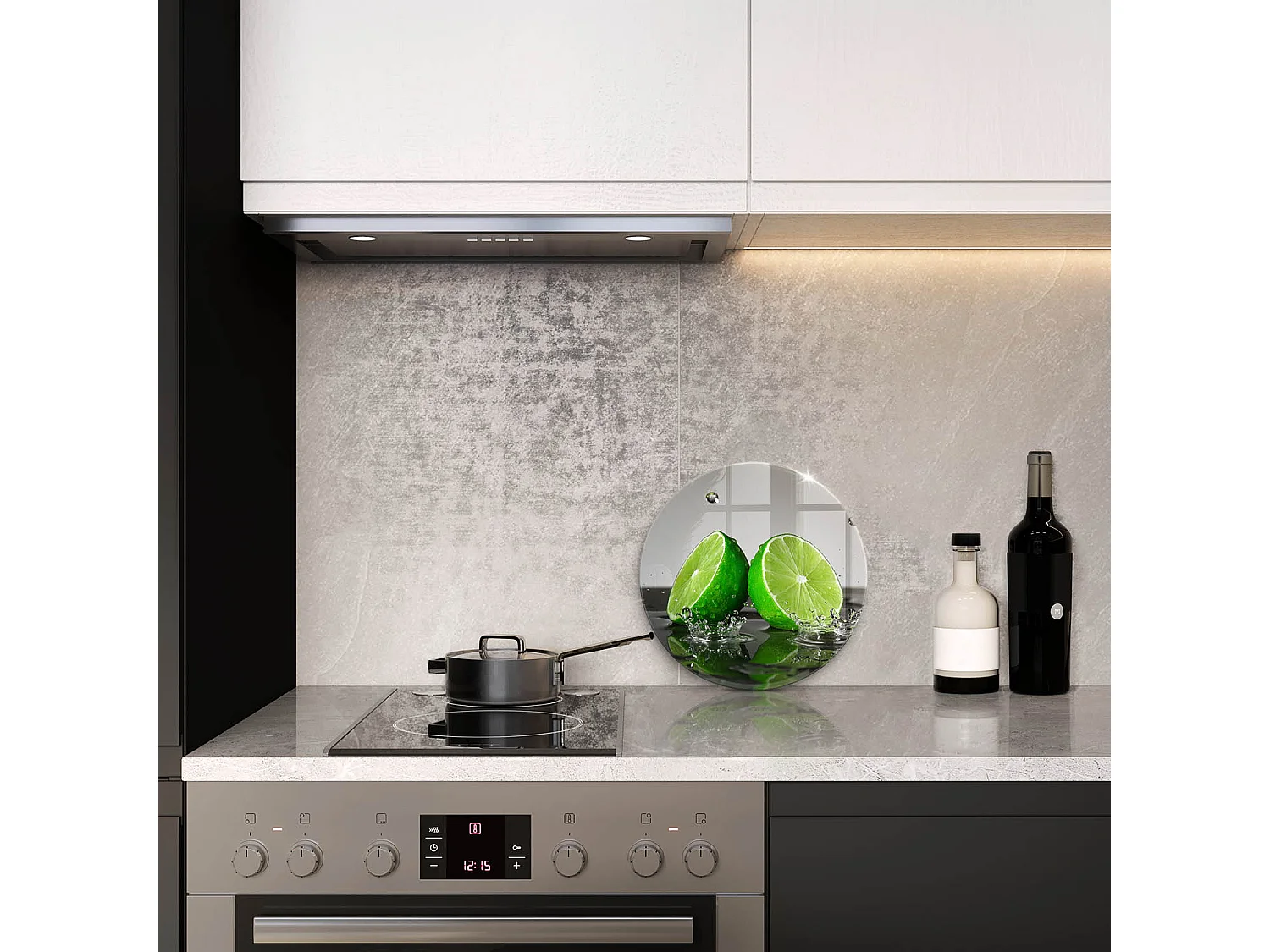 Planche de cuisine ronde en verre, 30 cm Citrons verts juteux et eau