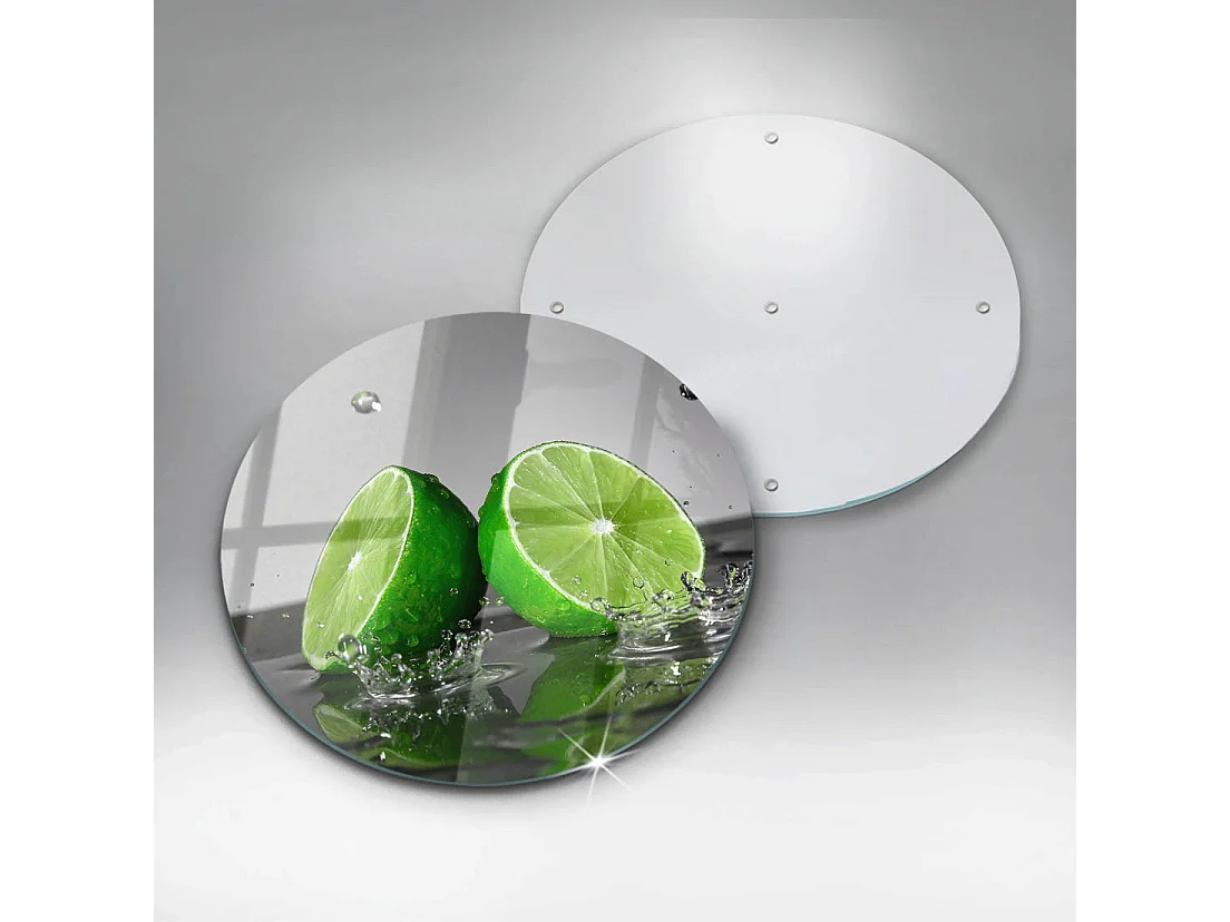Planche de cuisine ronde en verre, 30 cm Citrons verts juteux et eau