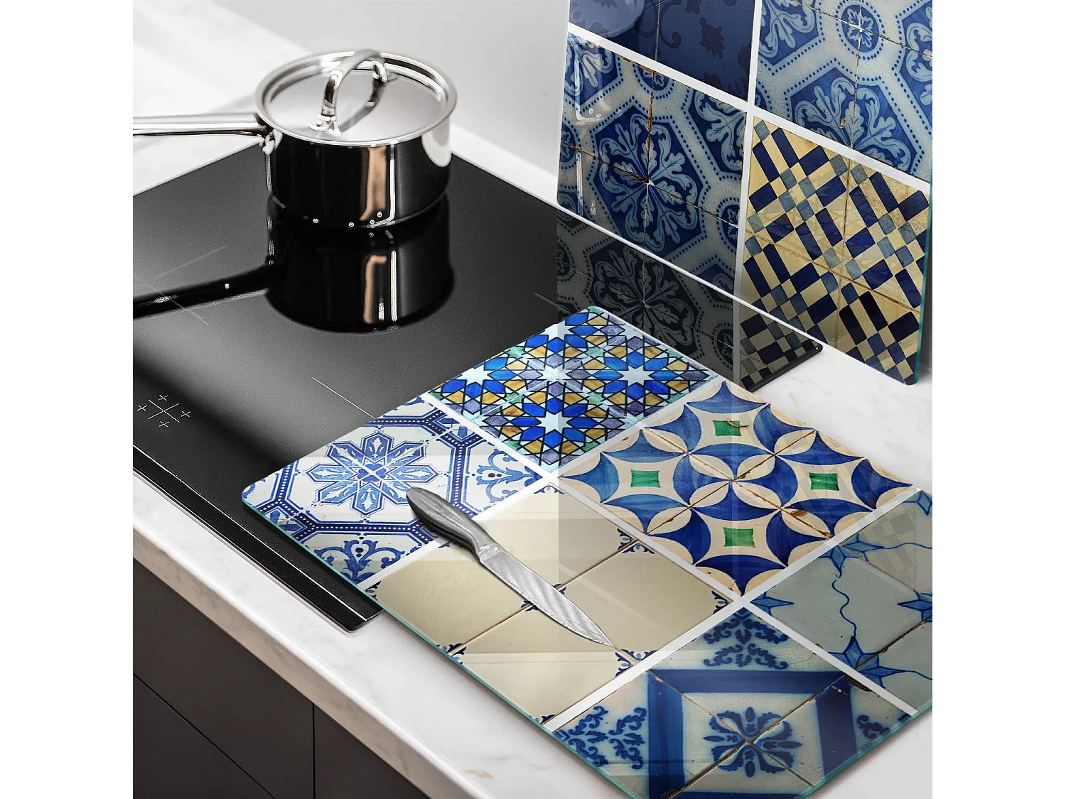 Rechteckiges Küchenbrett aus Glas, 2 Stück 40x52 cm, dekorative Fliesen