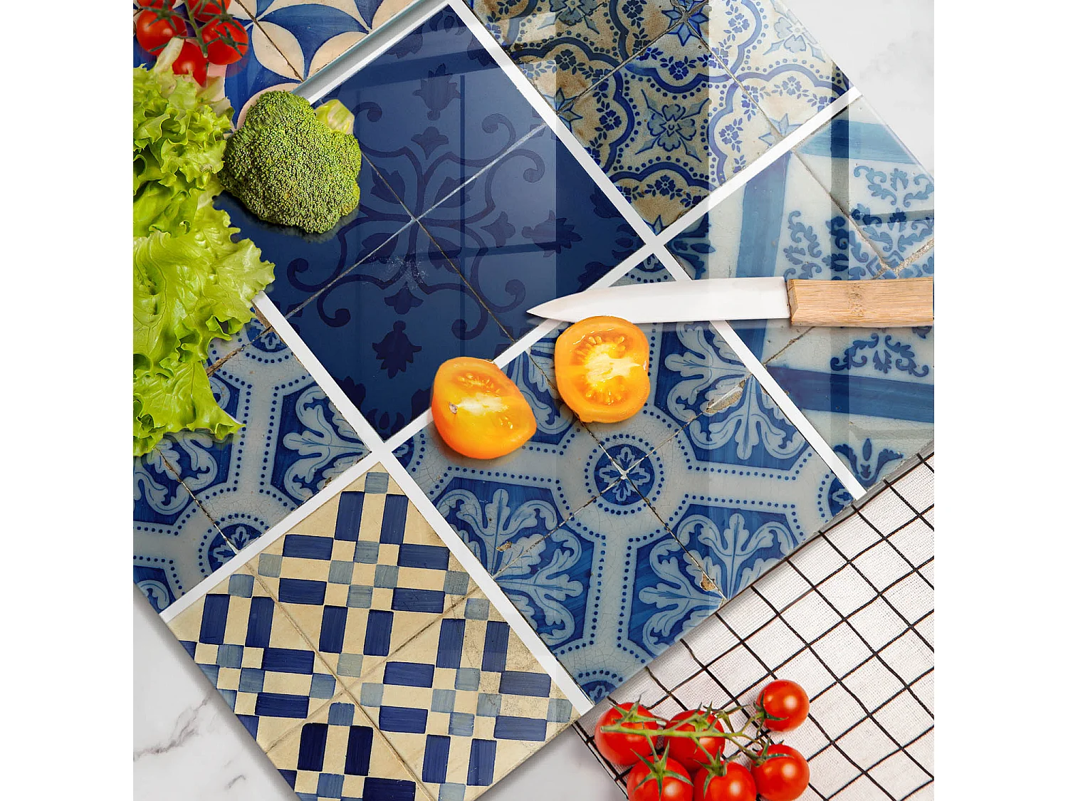 Rechteckiges Küchenbrett aus Glas, 2 Stück 40x52 cm, dekorative Fliesen