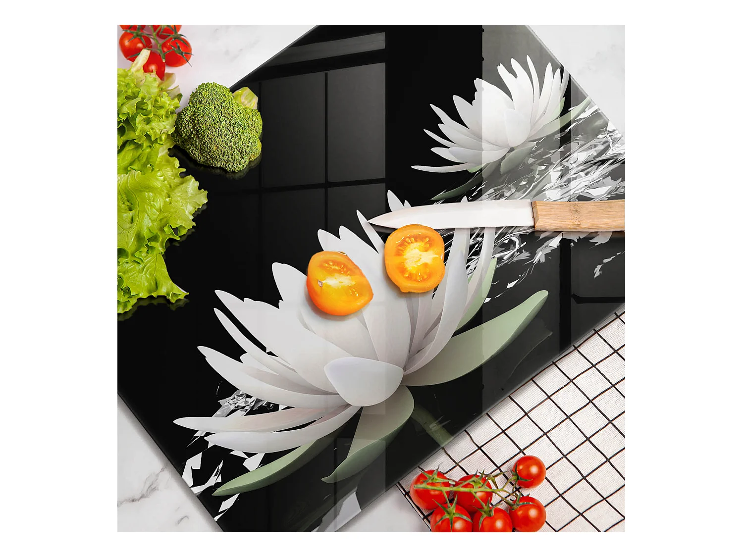 Planche de cuisine rectangulaire en verre, 52x40 cm Lys blancs sur l'eau
