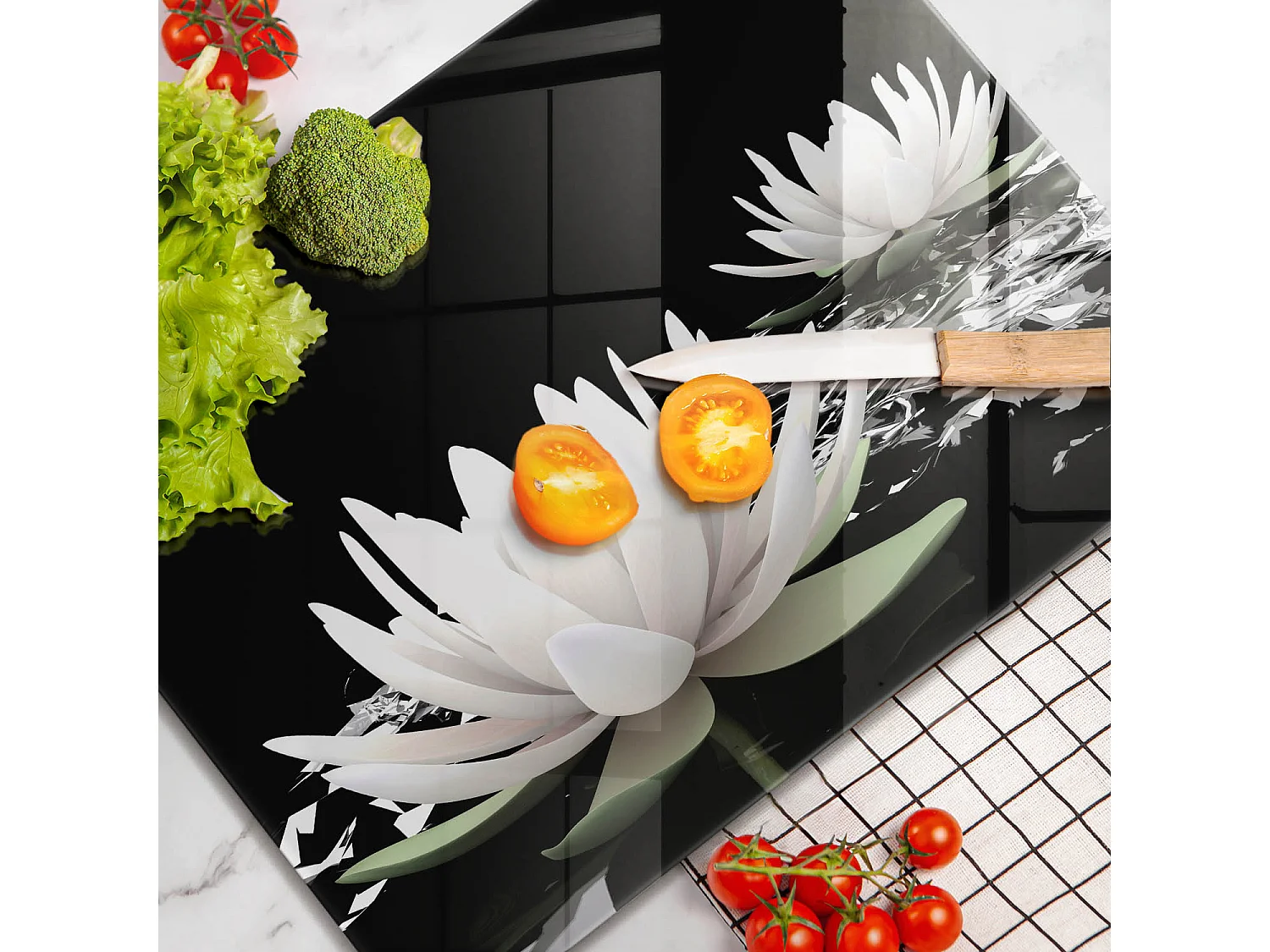 Planche de cuisine rectangulaire en verre, 52x40 cm Lys blancs sur l'eau