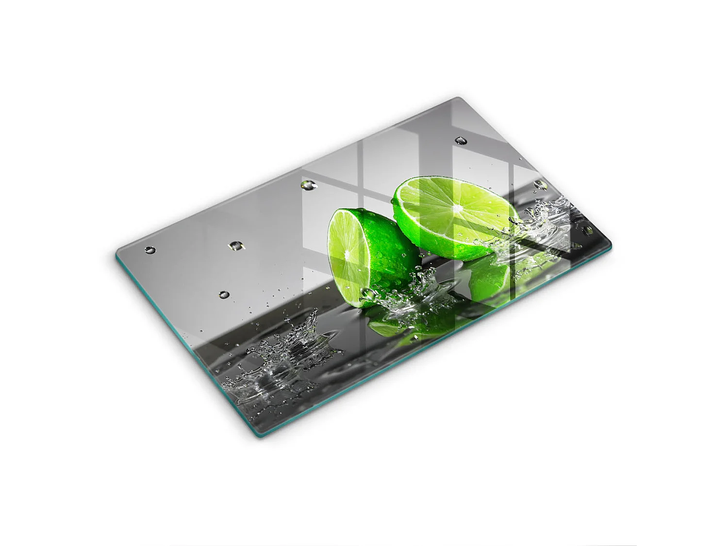 Planche de cuisine rectangulaire en verre, 52x30 cm Citrons verts juteux et eau