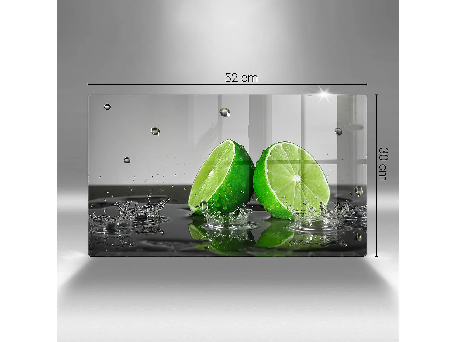 Planche de cuisine rectangulaire en verre, 52x30 cm Citrons verts juteux et eau