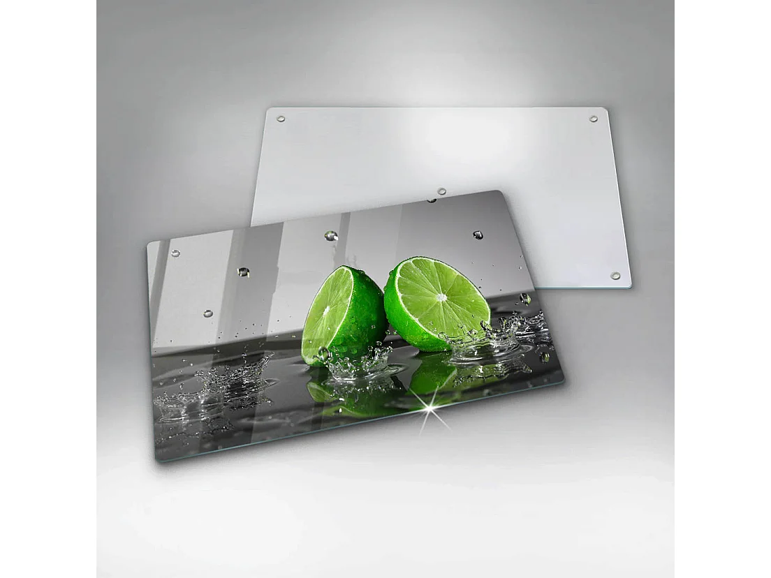 Rechteckiges Küchenbrett aus Glas, 52x30 cm Saftige Limetten und Wasser