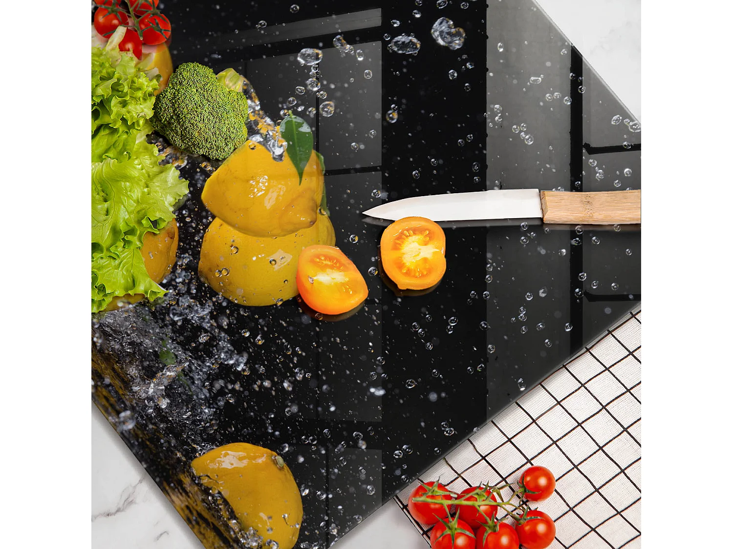 Rechteckiges Küchenbrett aus Glas, 60x52 cm Saftige Zitronenfrucht